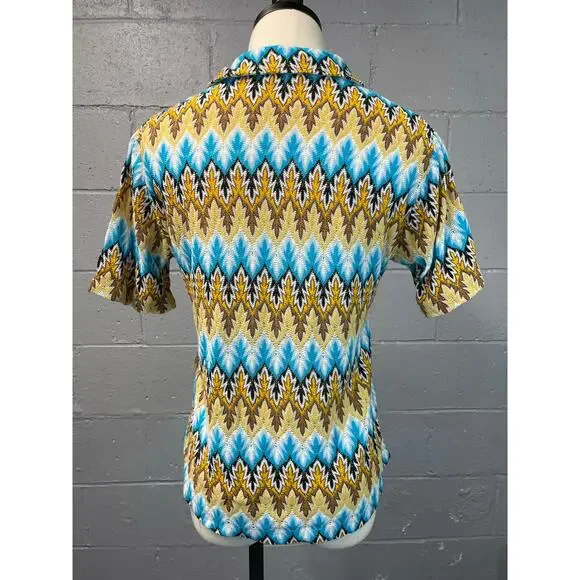 Vintage 60s Psychedelic Chevron Novelty Knit Short Sleeve Shirt Lace Up Med - Picture 5 of 10